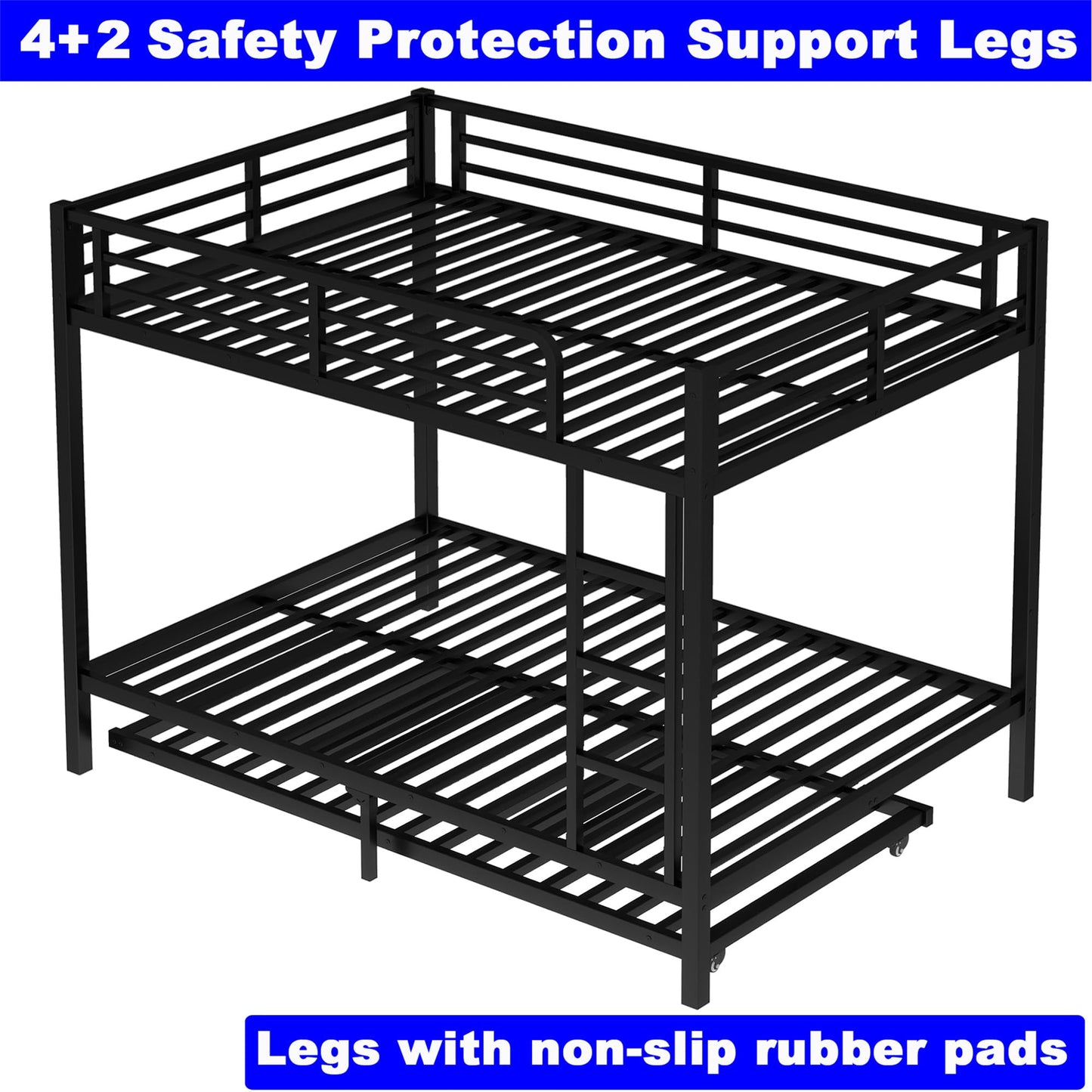 SIMPLEZC Upgraded Version Thicken Stronger Metal Heavy-Duty Full Over Full Bunk Bed with Twin Size Trundle, Bunk Bed for Adults with Ladders, Easy Assemble (Full/Full)