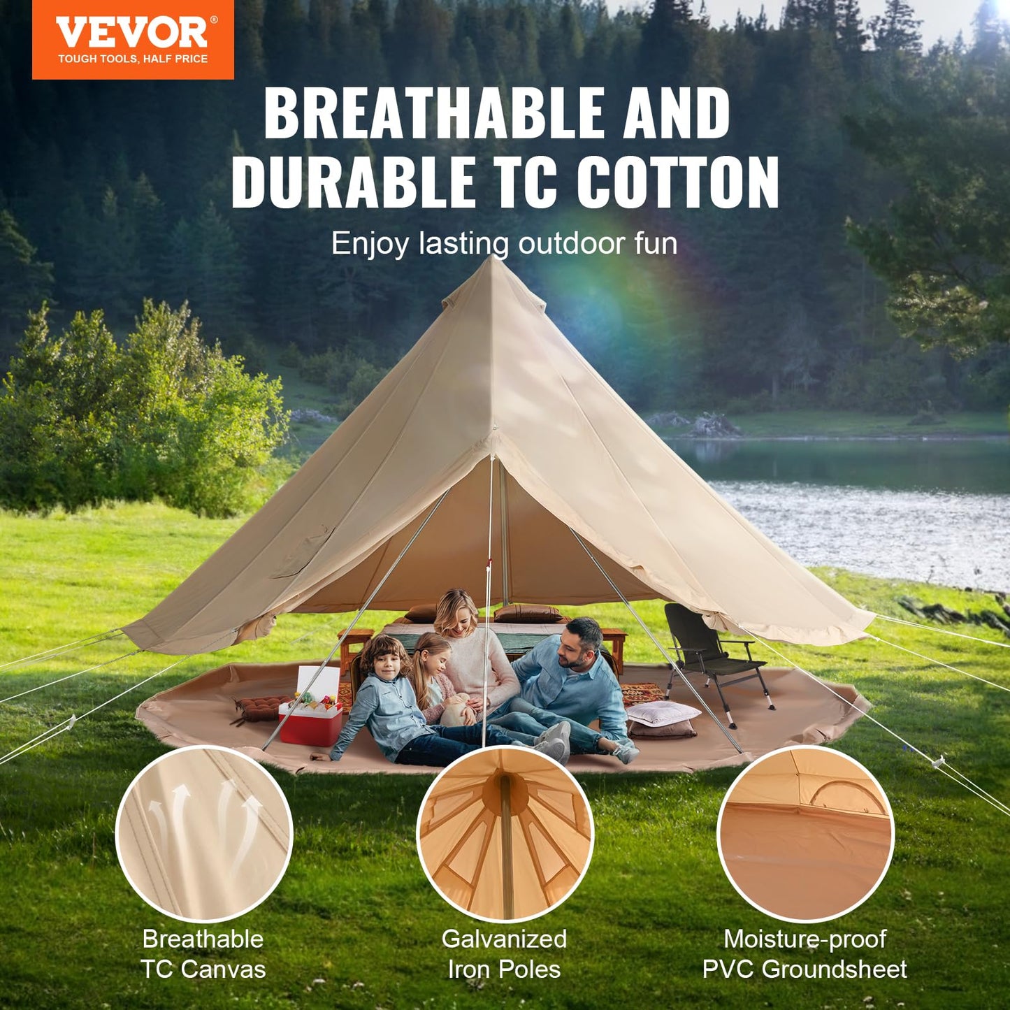 VEVOR Canvas Bell Tent,4 Seasons 5 m/16.4 ft Yurt, for Camping with Stove Jack, Family Camping Outdoor Hunting Party