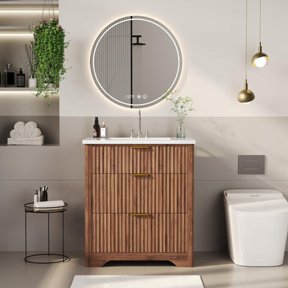 Garvee 30" Fluted Bathroom Vanity with Sink, Farmhouse Freestanding Bathroom Sink Cabinet with 2 Drawers & 1 Flip-Down Drawer, Easy Assembly & Cleaning, Walnut