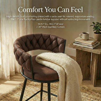 YOUNUOKE 360° Swivel Bar Stools Set of 2, 28 inch Seat Height Barstools with Woven Low Back, Metal Straight Legs with Footrest, Fabric Bar Stool for Kitchen Island, Bar & Pub (2 PCS, Dark Brown)