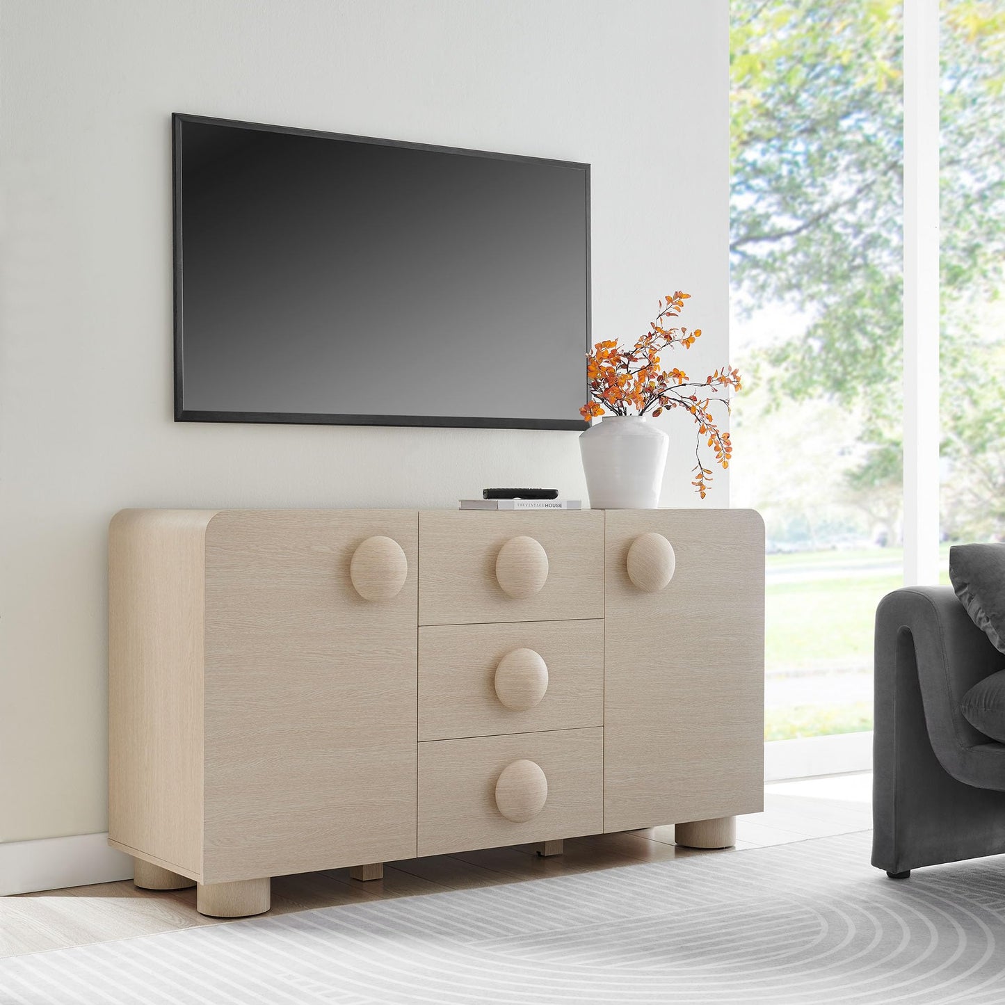 Modway Sonnet Retro Curved Sideboard in Ash – 57 Inch Modern Buffet Cabinet with Circle Knobs – Credenza Cabinet with 3 Drawers – TV Stand Media Cabinet for Living Room, Home Office, Lounge Area