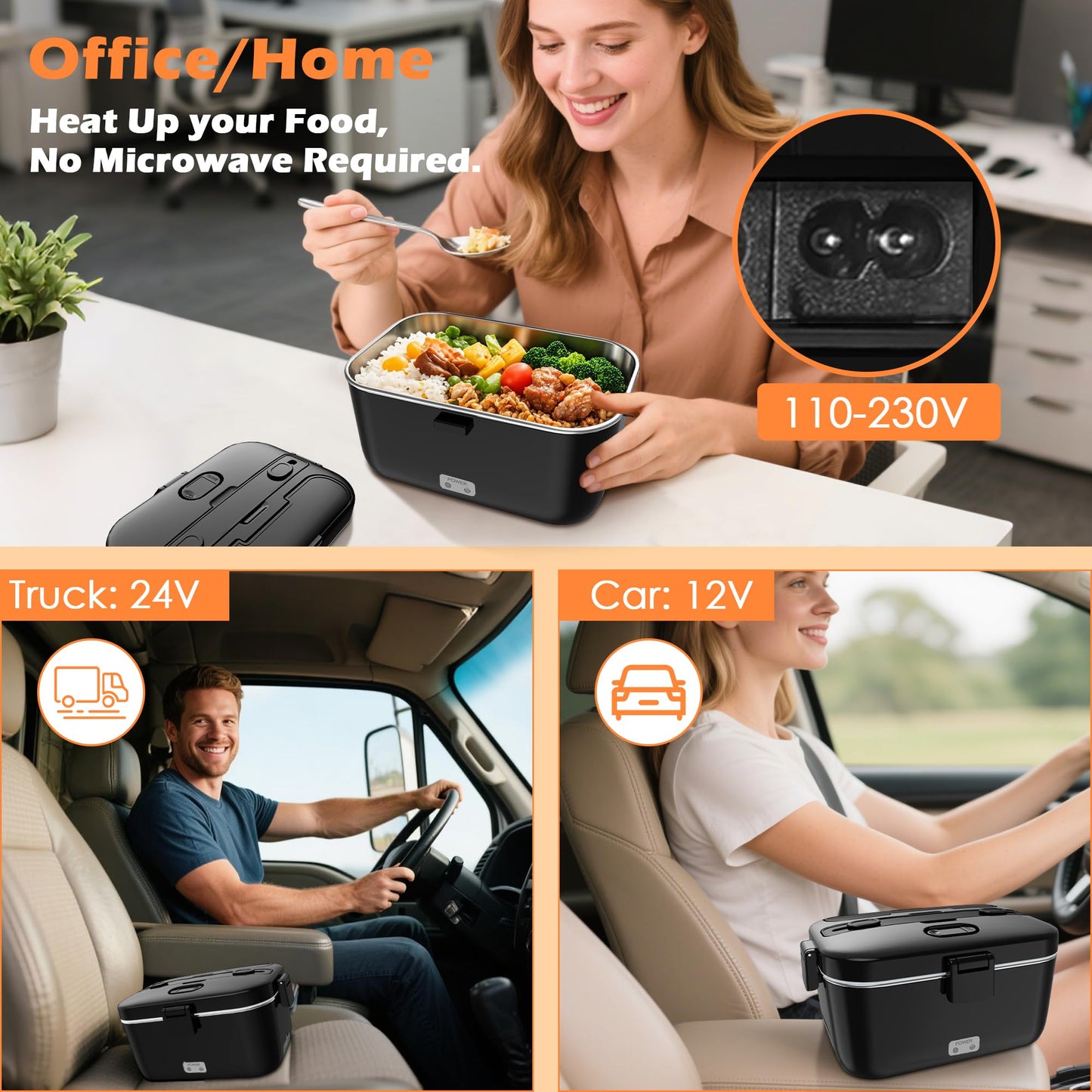 COZYEXPERT Electric-Lunch-Box-Heated-Food-Warmer 100W Heating Lunchbox for Adults 1.8L Portable Food Heater for Work/Car, 12V/24V/110-230V Lonchera Eléctrica Portátil with Fork Spoon (Black)
