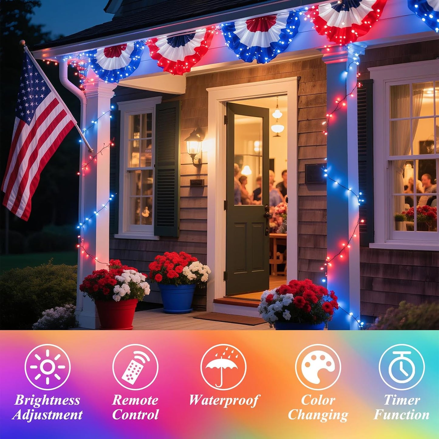 200 35 66FT 4th LED Christmas Lights Color Changing, Colors of July String Lights with Remote Timer, Connectable