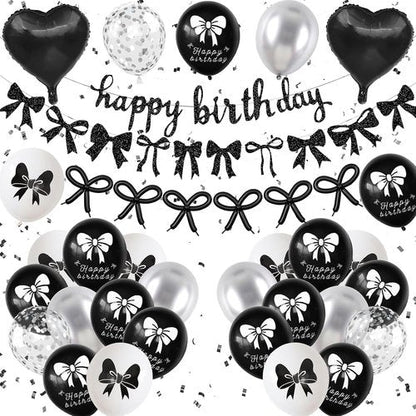 Bow Coquette Birthday Decorations - Black & Silver Party Set with Happy Birthday Banner & Heart Foil Balloons