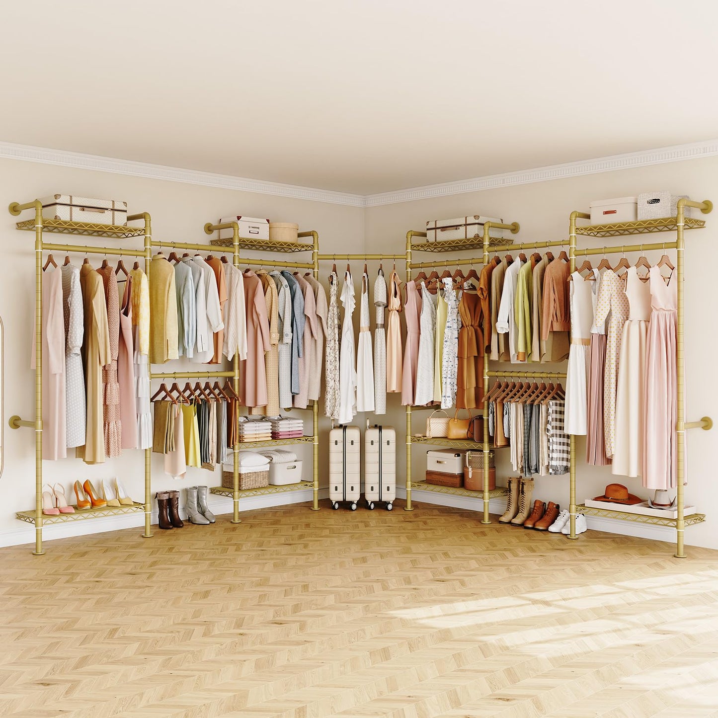 ONBRILL L7 Wall Mounted Industrial Pipe Clothing Rack – Heavy Duty Modular Closet System with 9 Hanging Rods ( 6 Expandable) & 10 Adjustable Shelves, Corner Garment Rack, Large Wardrobe - Gold