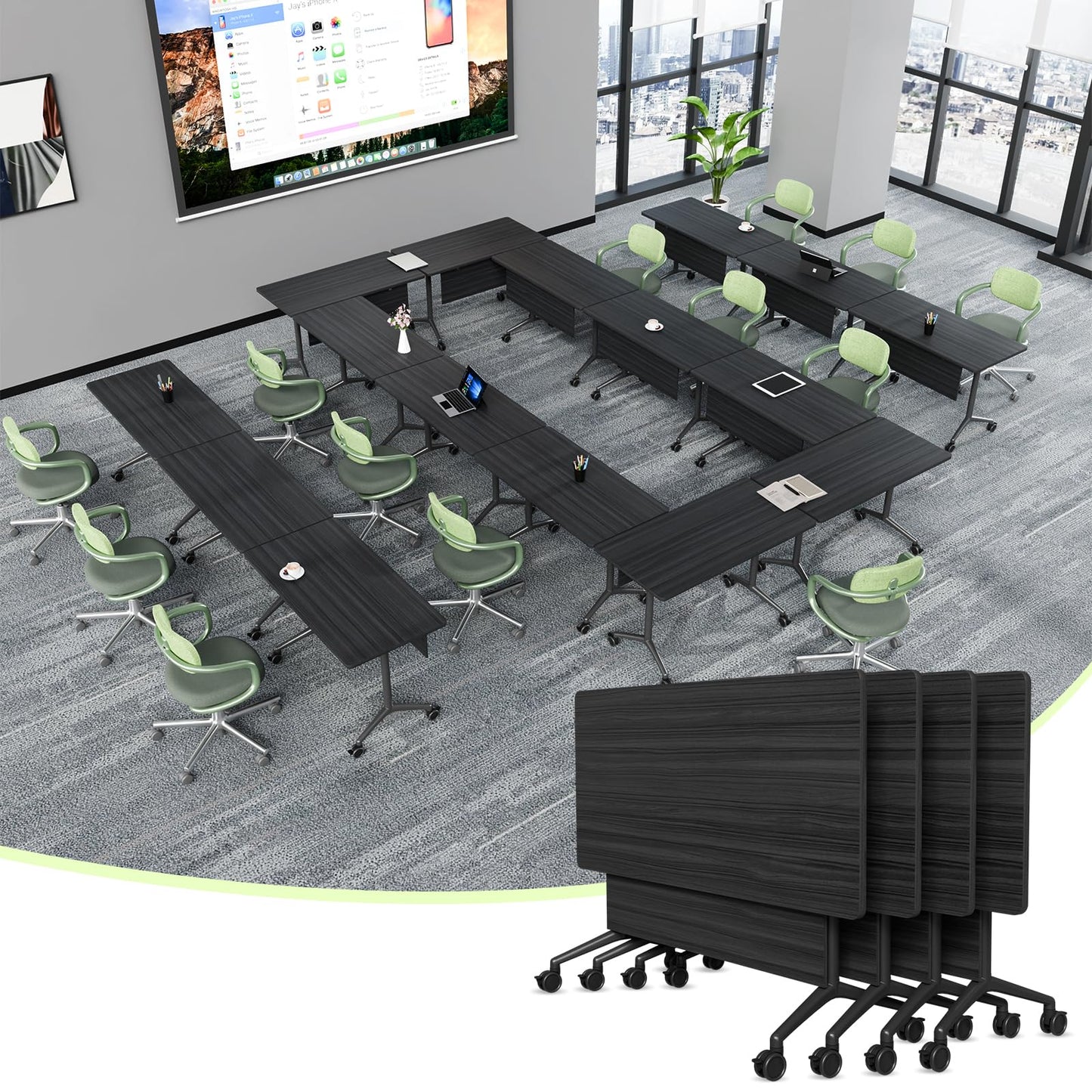 6 Pack Conference Room Tables,Mobile Folding Conference Table with Wheels,Modern Training Locking Rolling Meeting Conference Tables with Flip-Top for Office Classroom Business,6-12 Person,55.1IN