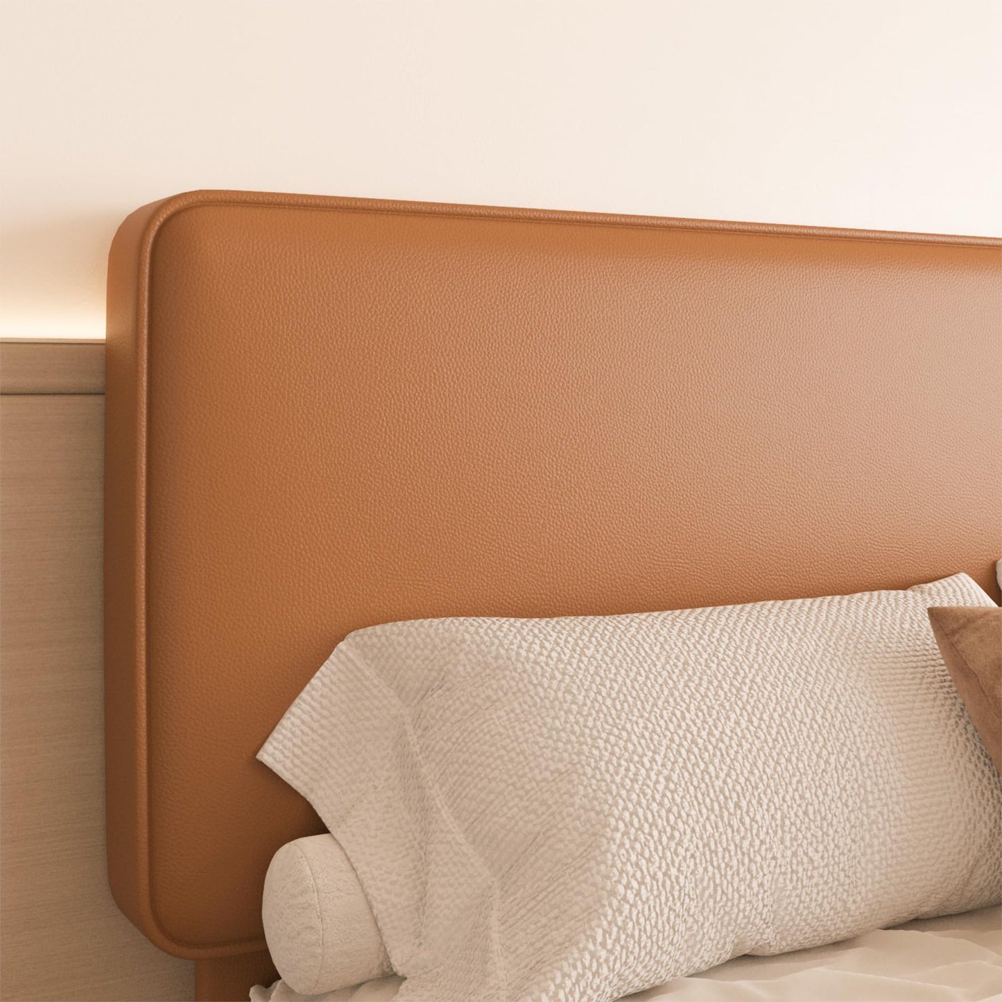 Lcwtvgxr King Size Leather Platform Bed Frame with Adjustable Upholstered Headboard, Solid Wooden Legs, No Box Spring Needed, Easy Assembly, Noise Free, Orange-Brown