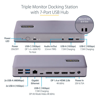 StarTech.com USB-C Docking Station Multi Monitor HDMI/DP/USB-C Video Output, Triple Monitor 4K30/Dual 4K60, 7-Port USB Hub, 60W Power Delivery, GbE, 3.5mm Audio, Works with Chromebook, TAA