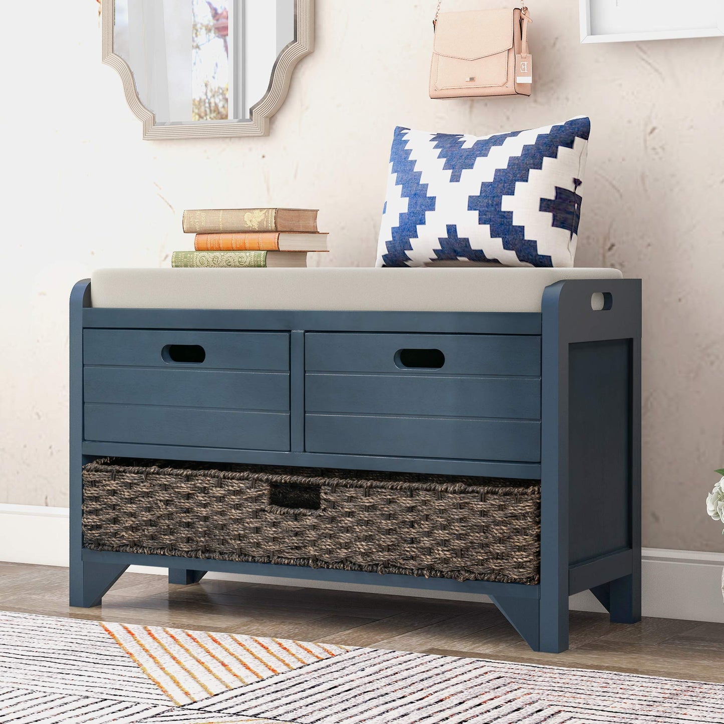 GDFStudio 2-Tier Shoe Storage Bench with Removable Basket & 2 Drawers, Farmhouse Entryway Shoe Organizer Bench with Upholstered Cushion, Wood Entry Bench Fully Assembled for Hallway Living Room, Navy