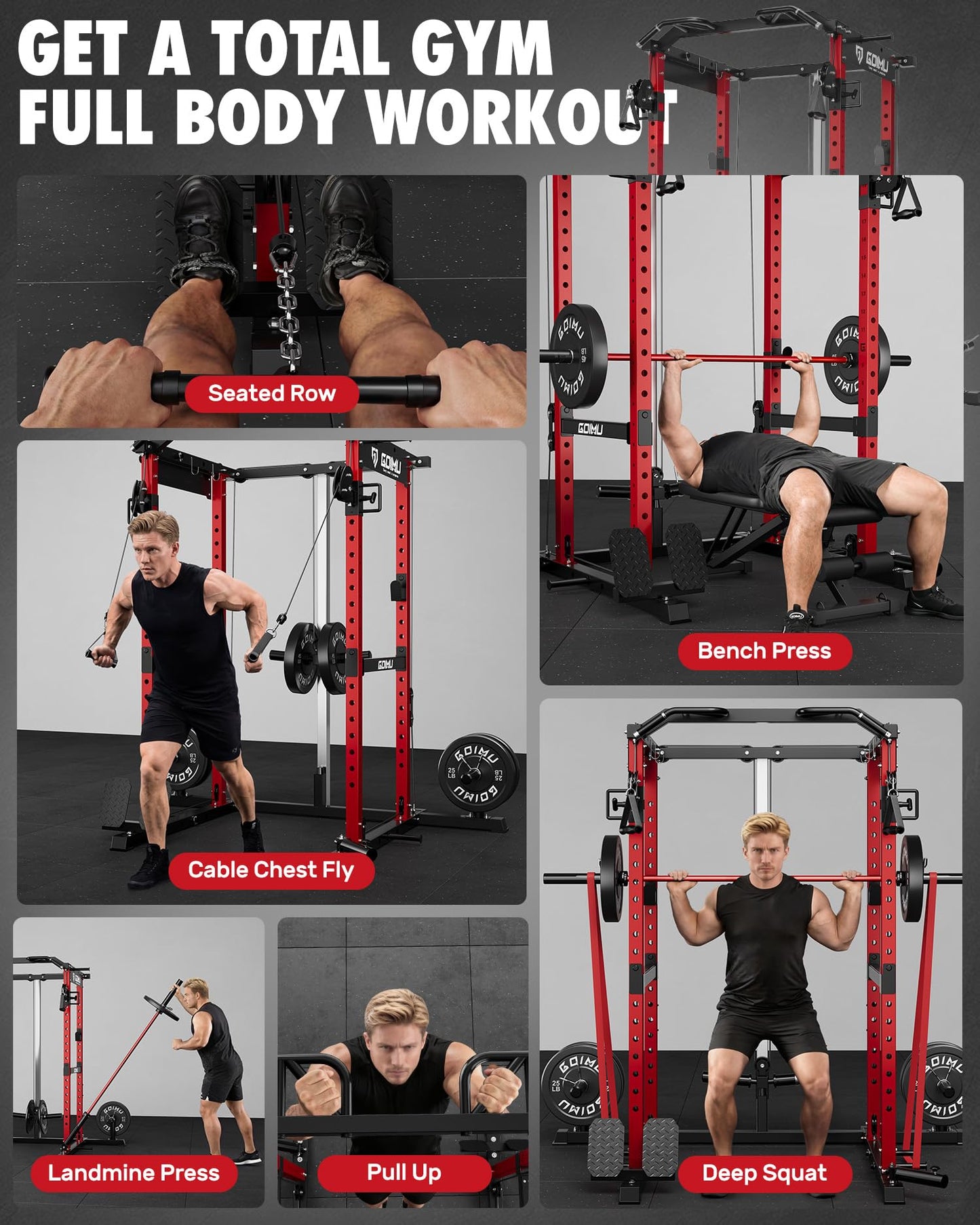 GOIMU RH01 Power Cage Rack, 2000LBS Squat Rack with with Cable Crossover System&LAT Pull Down System, Multi-Function Workout Cage for Home&Garage Gym (Red, RH01 Power Cage)