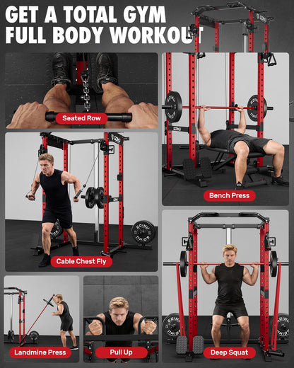 GOIMU RH01 Power Cage Rack, 2000LBS Squat Rack with with Cable Crossover System&LAT Pull Down System, Multi-Function Workout Cage for Home&Garage Gym (Red, RH01 Power Cage)
