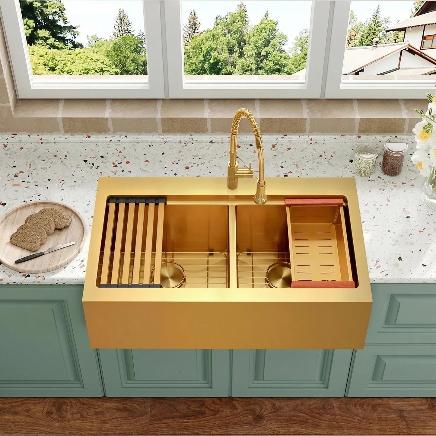 Gold Double Bowls Kitchen Sink, 33" x 22" Drop In Kitchen Sink, 50/50 Double Bowls Farm Sink, 16 Gauge Stainless Steel Workstation Sink, 33 inch Top Mount Deep Double Sinks