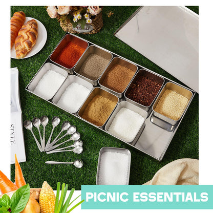 Boao 10 Compartment 304 Yakumi Pans Stainless Steel Seasoning Condiment Container with Lids Spoons, Japanese Yakumi Pans Mini Sauces Salad Dressings Storage for Food, Herbs, Spices