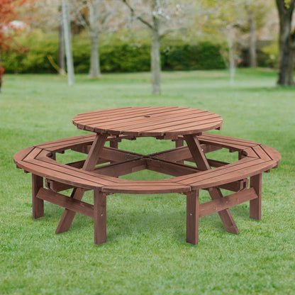 10-12 Person Round Outdoor Wooden Picnic Table with 1.97" Umbrella Hole, 70 Inch Heavy Duty Circular Backyard Patio Garden Table for Large Family Gathering, Rustic Fir Wood Dining Set, Walnut Brown