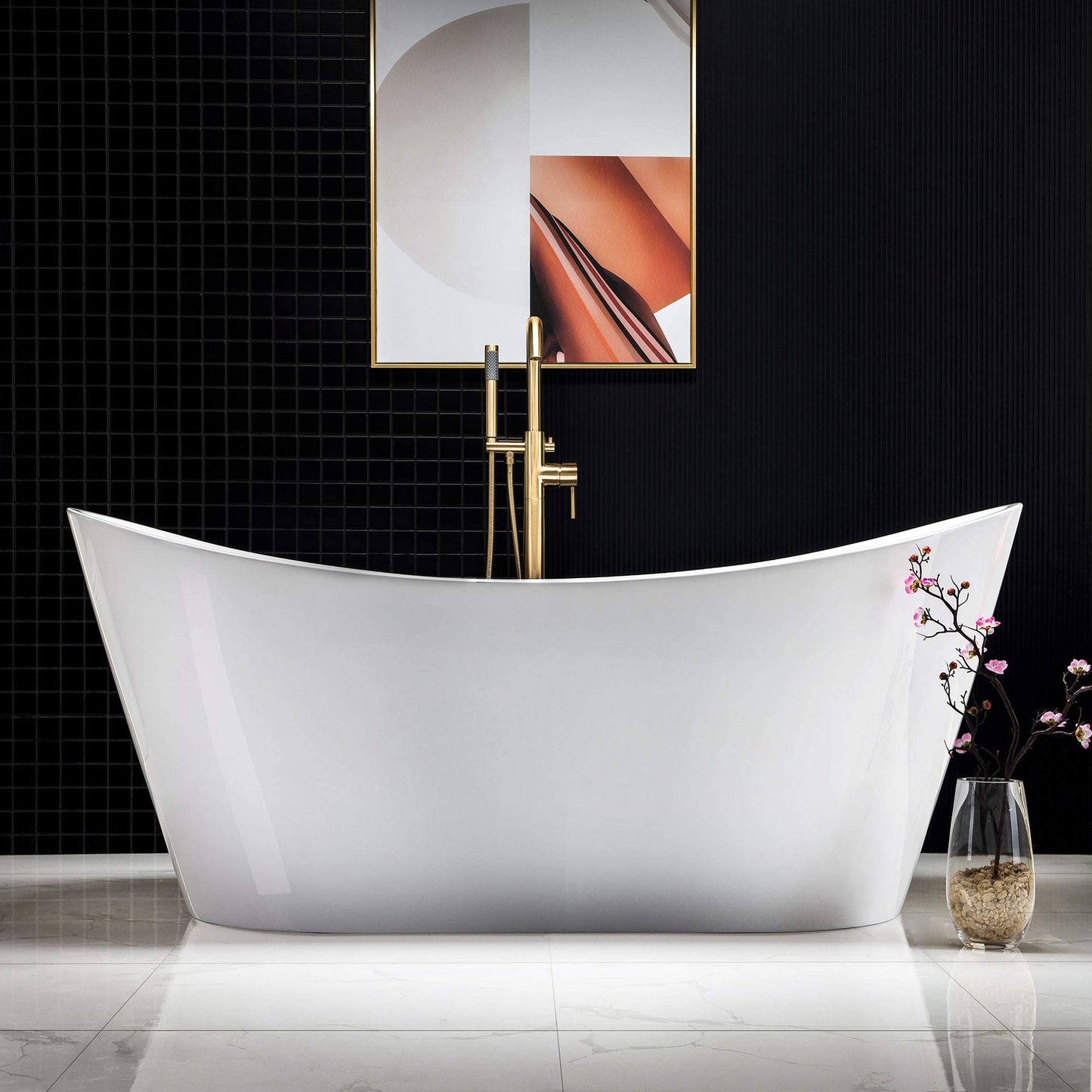 WOODBRIDGE 67" Acrylic Freestanding Bathtub Contemporary Soaking White Tub with Brushed Gold Overflow and Drain,B0010-BG