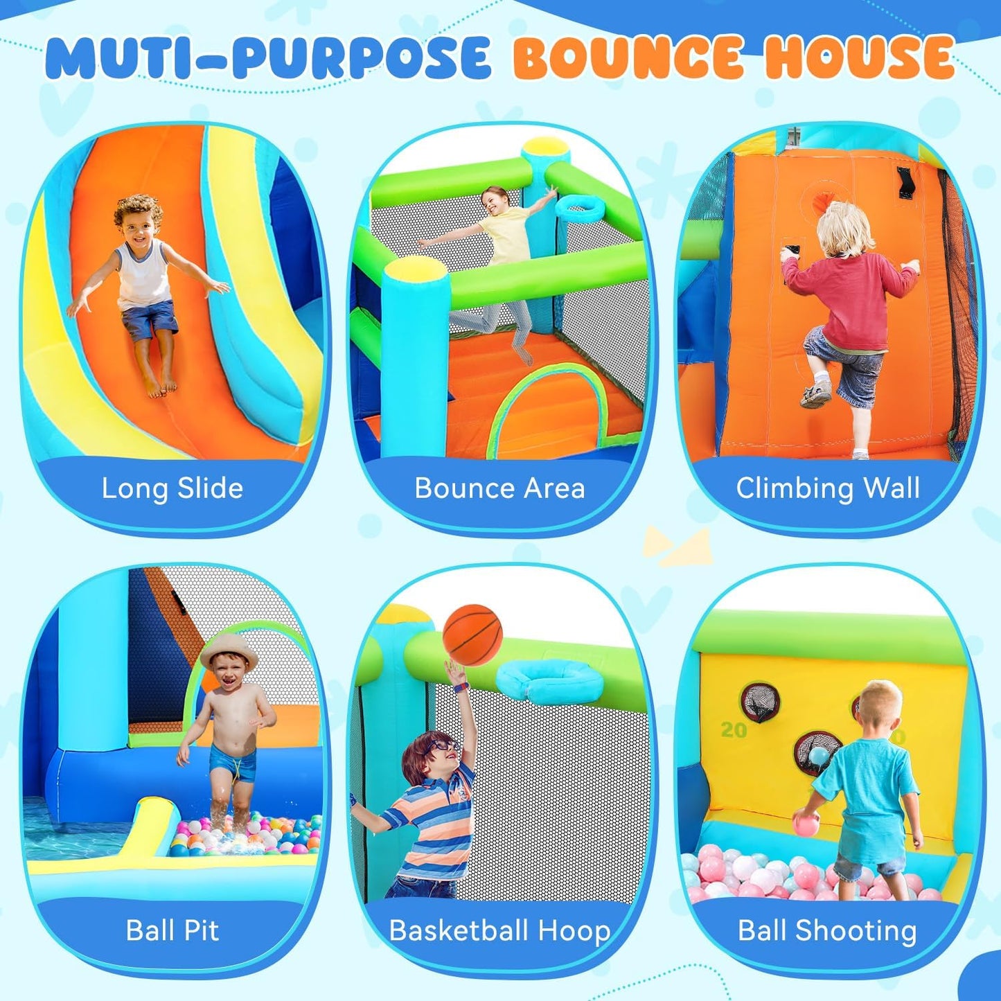 FBSPORT Inflatable Bounce House, Water Slide Park Slide Bouncer with Ball Shooting, Climbing Wall, Jumping and Splash Pool, Kids Bouncy Castle with 450W Air Blower for Outdoor Backyard