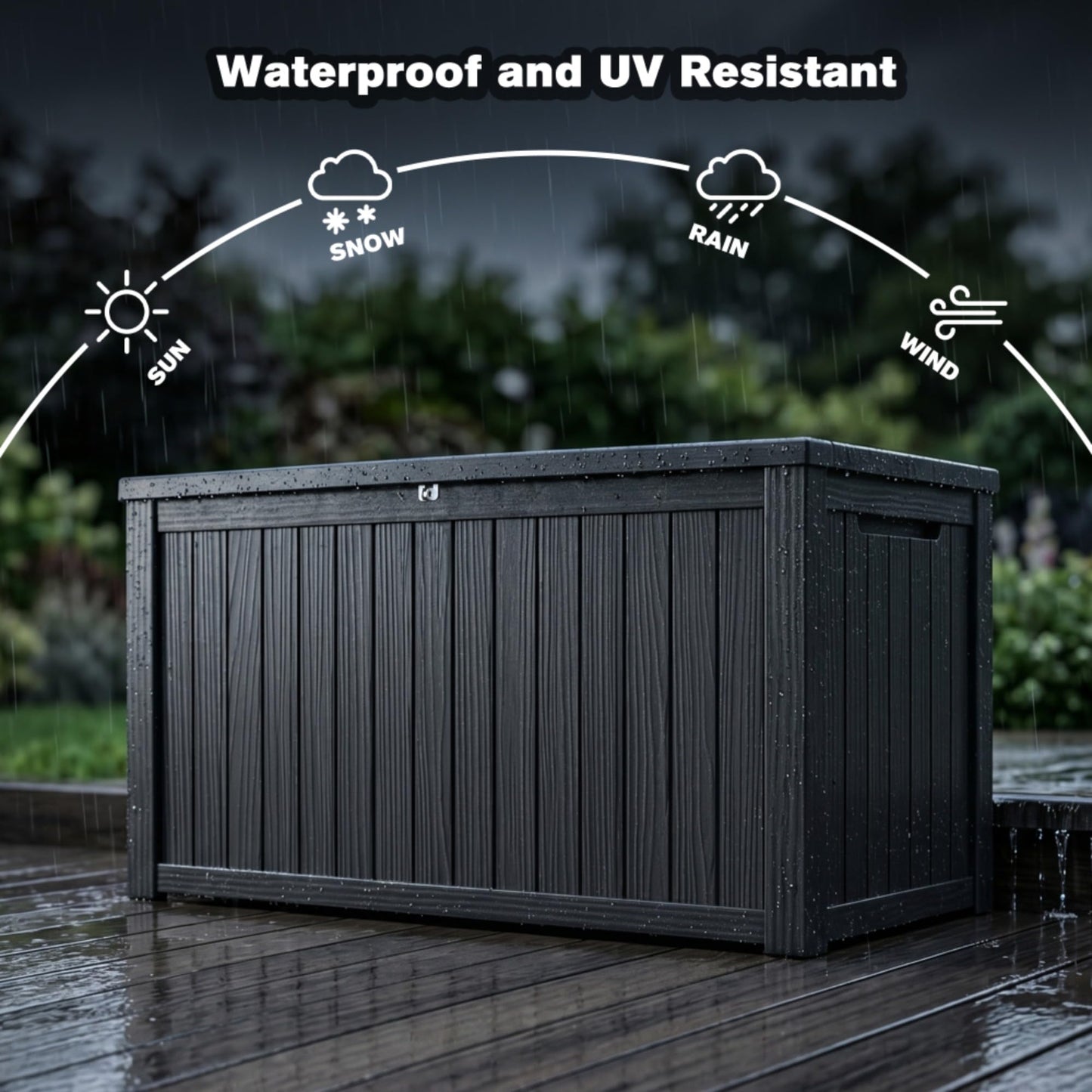 Large Outdoor Storage Deck Box, Resin Patio Container with Lockable Lid, Hydraulic Lift, Wood Texture Panels, Bench Table Function for Cushions Garden Tools Pool Gear Sports Equipment (180 Gallon)