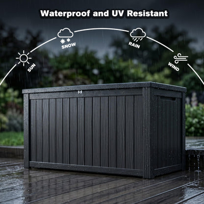 Large Outdoor Storage Deck Box, Resin Patio Container with Lockable Lid, Hydraulic Lift, Wood Texture Panels, Bench Table Function for Cushions Garden Tools Pool Gear Sports Equipment (180 Gallon)