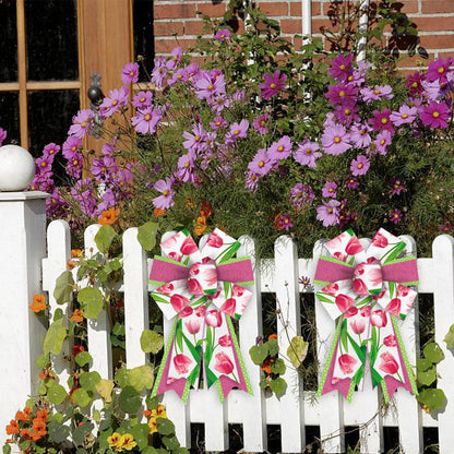 Threetols Floral Wreath Bows - 2 Pack Pink Tulip Design for Indoor/Outdoor Home Decor | DIY Craft