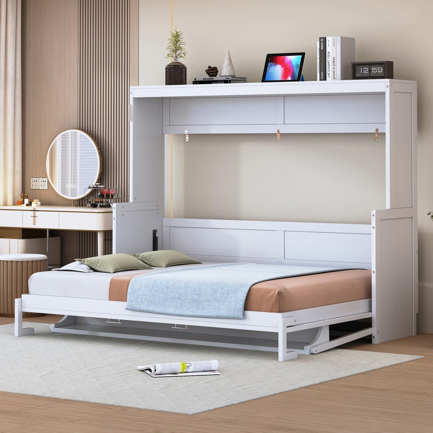 Ball & Cast Murphy Bed Full Size Hideaway Beds with Hydraulic Lift & Desk Design,Industrial Multifunction Wood Wall Cabinets Bedframe W/Hardware Chain,Space-Saving for Apartment,White