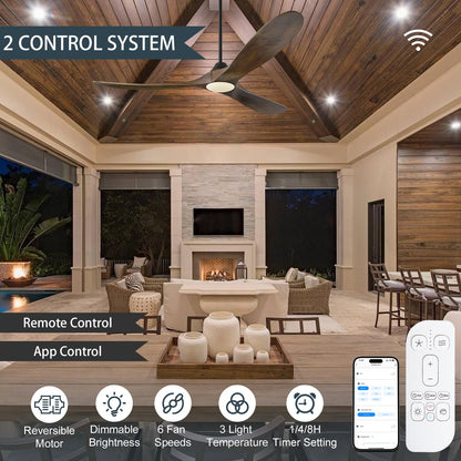 60 Inch Ceiling Fans with Lights, Outdoor Ceiling Fans for Patios with Light Damp Rated, 3 Blades Wood DC Ceiling Fan Modern Large Airflow Commercial Ceiling Fan with Remote & APP for Exterior Indoor