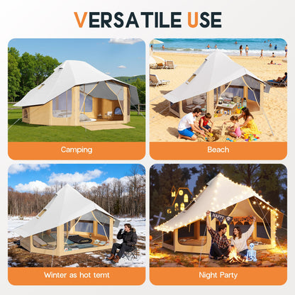 SPECRAFT Canvas Bell Tent for Camping, Waterproof Glamping Yurt Tent with Canopy & Stove Jack, Breathable Mesh 4-Season Family Shelter for Outdoor Camping, Parties, 8–10 Person