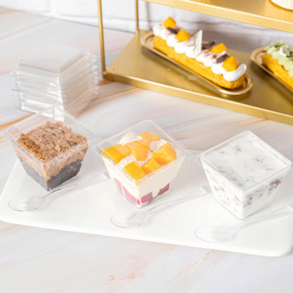 HOMIP 60Pack 4oz Plastic Dessert Cups with Lids and Spoons, Mini Plastic Parfait Cups for Parties, Clear Square Cups for Appetizer Cake Ice-cream