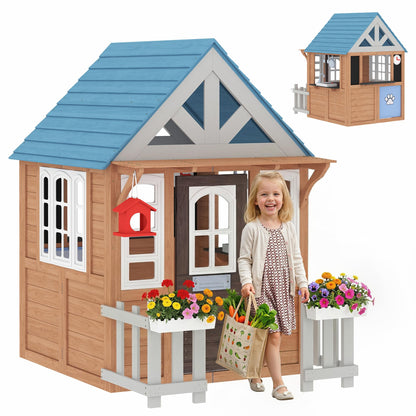 Qaba Outdoor Playhouse with Pet Door, Wooden Kids Playhouse with Play Kitchen, Mailbox, Doorbell, Birdhouse, Fence and Windows for Garden, Backyard, Indoor Playroom Pretend Play, Ages 2+, Brown