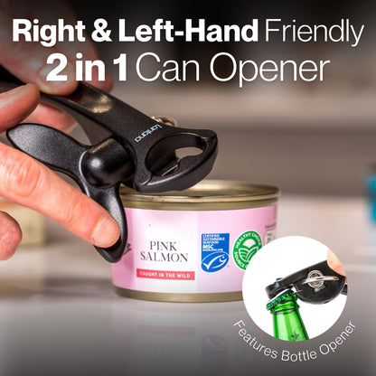 Lantana Smooth Edge Can Opener with Bottle Cap Lifter - Hand Held Manual Safety Tin Opener - Black/Stainless Steel