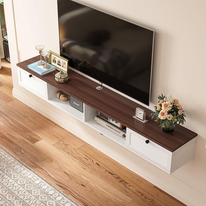 FloatiCasa Floating TV Stand,Plywood Wall Mounted Media Console with 2 Doors & Open Storage,Modern Under TV Cabinet for Living Room & Bedroom,White & Walnut, 78 inch