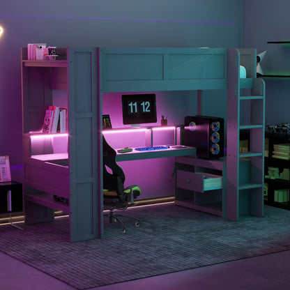 Ball & Cast Twin Size Gaming Loft Bed with Built-in Desk, LED and Charging Station,Wood Loft Bed Frame w/Multi-Storage Shelves,No Box Spring Needed,Ladder,for Kids,Teens,Adults,Dark Gray