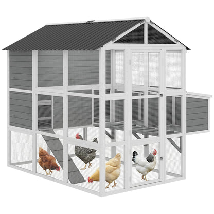 PawHut 77" Large Chicken Coop for 6-8 Chickens, Outdoor Wooden Hen House Poultry Cage with Run, 3 Nesting Boxes, Waterproof Roof, Removable Tray, Ramp for Farm Backyard, Gray