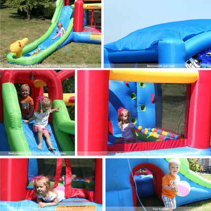Inflatable Bounce House or Water Slide Wet or Dry with Sun Roof, Ball Pit 30 Balls, Water Gun, Fun Bouncing Area with Basketball Hoop, Long Slide with Climbing Wall, UL Certified Blower Included