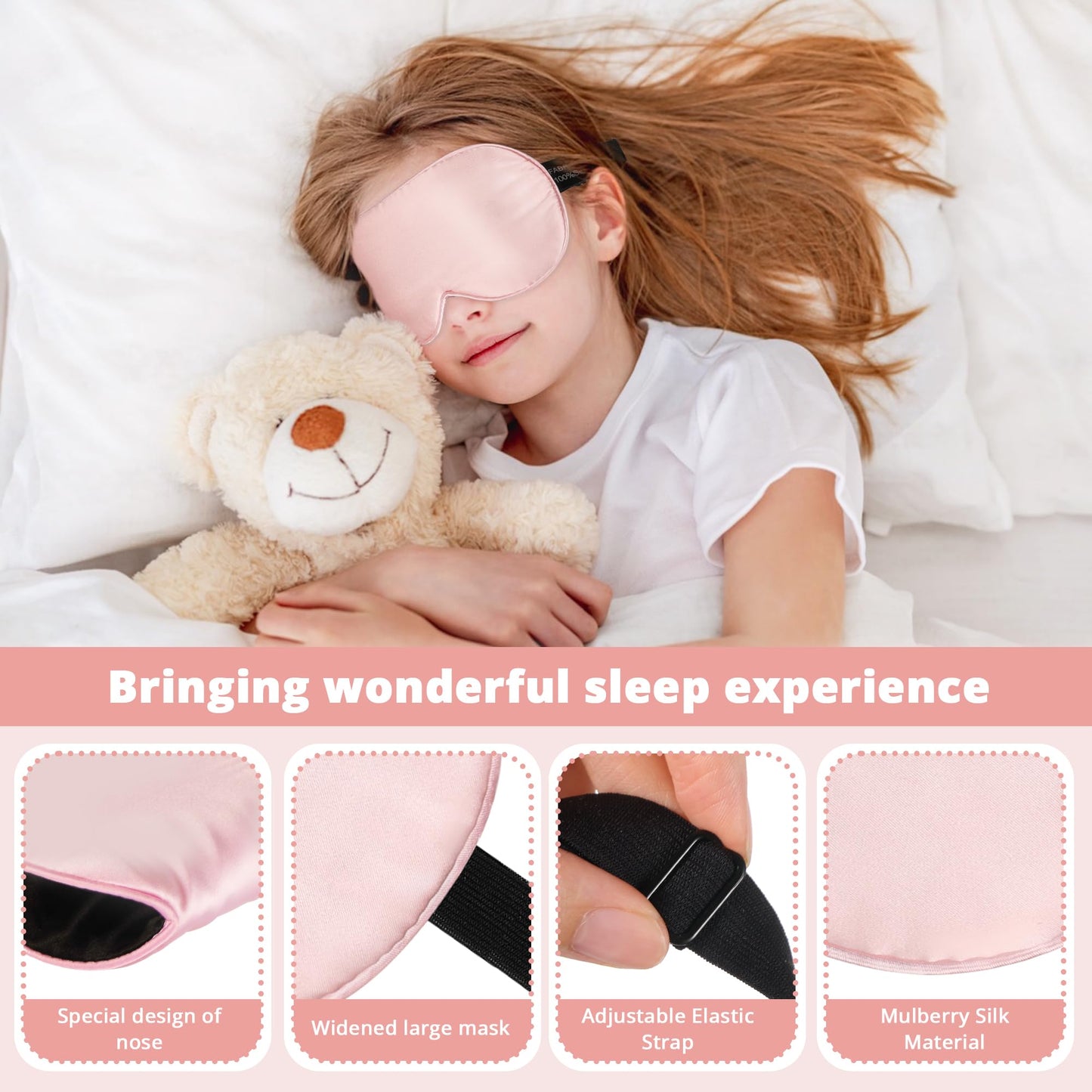 Kids Sleep Mask Eye Cover, 100% Real Natural Pure Silk Eye Mask with Adjustable Strap, Blindfold Kids Eye Mask for Sleeping, Eye Shade for Boys Girls and Adult, Pressure-Free Comfort (Black)