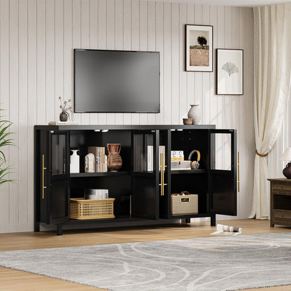 GarveeHome Sideboard Buffet Cabinet with 4 Glass Doors, 55 in Buffet Table Coffee Bar Wine Bar Display Cabinet for Kitchen Dining Room, Living Room (Glass with 4 Doors, Dark)