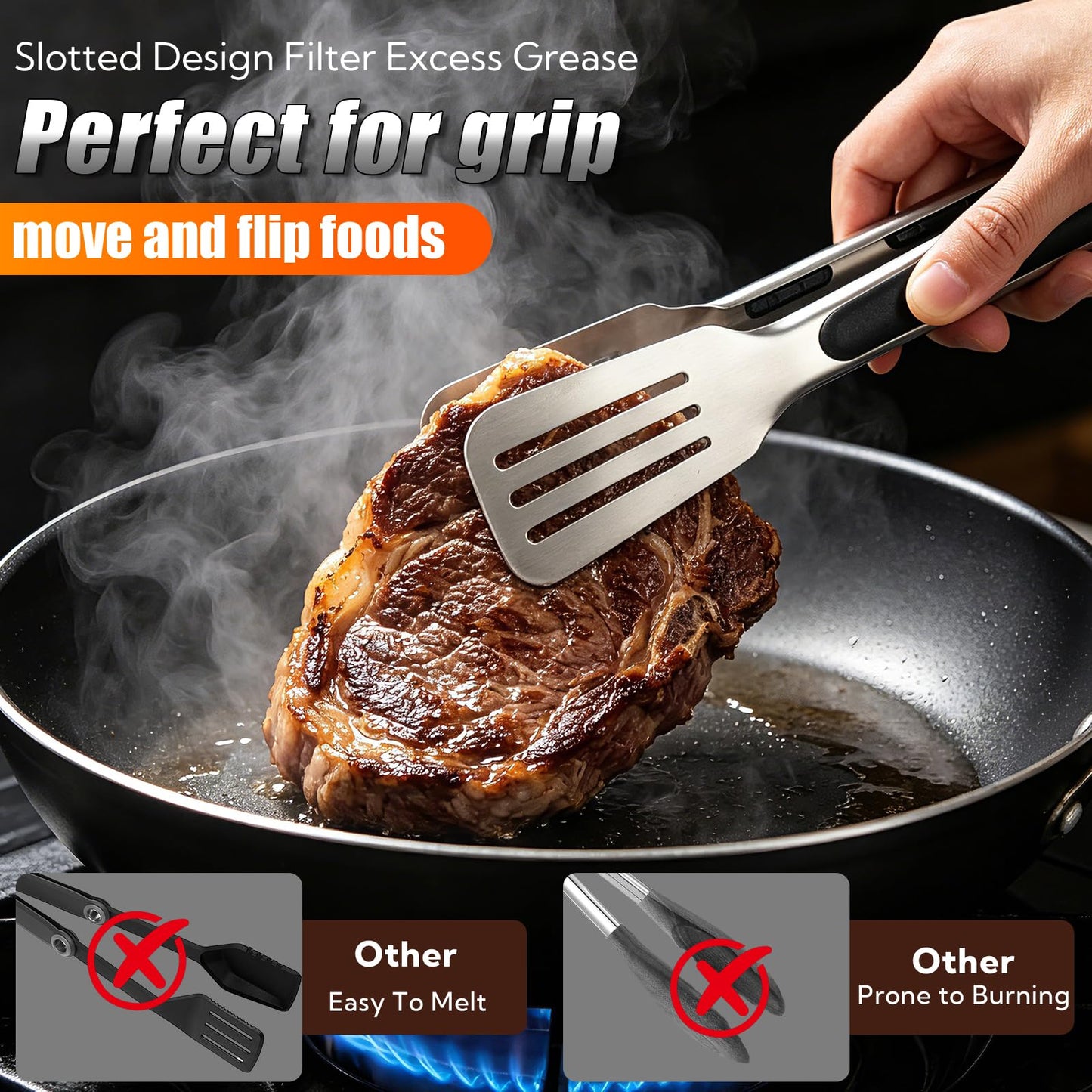 Metal Tongs for Cooking, Set of 3 Stainless Steel Spatula Tongs – 7, 9 & 12 Inch Heavy Duty Kitchen Tongs with Strong Grip, Pull Lock for Grilling, Flipping Steak, Fish & Ribs