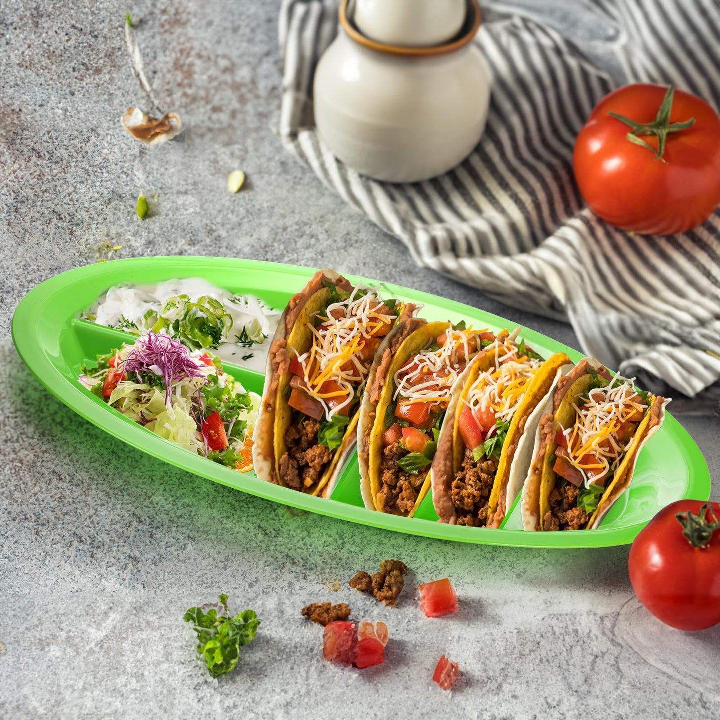 Bekith 10 Pack Plastic Taco Plates for Party, Large Taco Holder with 2 Dipping Areas, Stand Up Divider for 3 Tacos, BPA Free, Dishwasher Safe, Colorful