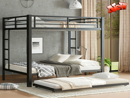 TIHWOALL Upgraded & Stronger Heavy Duty Metal Queen over Queen Bunk Bed with Twin Size Trundle, More Stable Safer Thickened Bunkbeds (Greater Weight Capacity) (Queen over Queen Bunk with Twin Trundle)