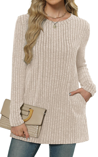 XIEERDUO Long Sleeve Shirts for Women Crewneck Tunic Tops Loose Fit Dressy Womens Sweaters with Pockets Fall Fashion 2025