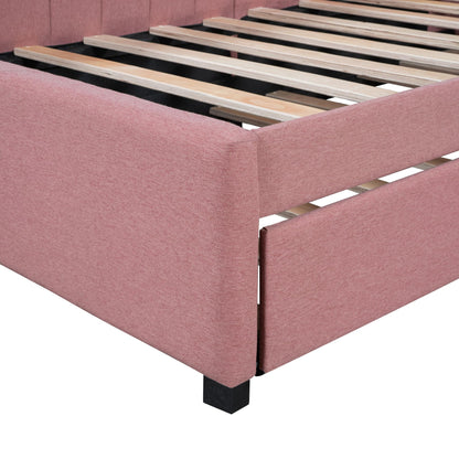 Brisca Upholstered Linen Daybed with Trundle,Twin Size Sofa Bed Frame W/Wooden Slats,for Bedroom,Apartment,Studio,Pink