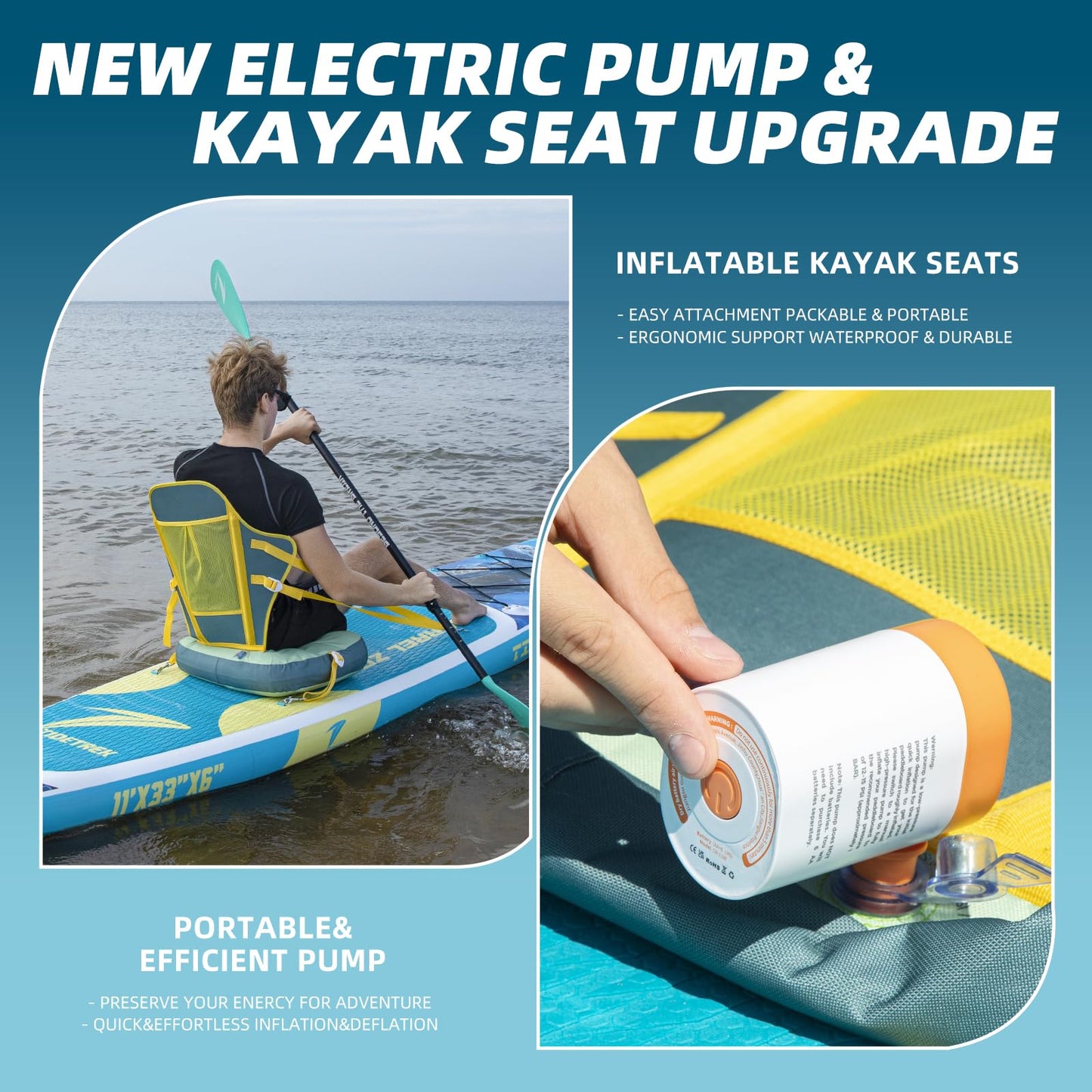 TIDETREK 11'/11'6" x 33"/34" x 6" Inflatable SUP Paddle Board – Extra-Wide, Stable Stand Up Paddle Board with Premium Full Accessory Set for Adults & Youth (Blue Turtle/Kayak Seat, 11'x33 x6)