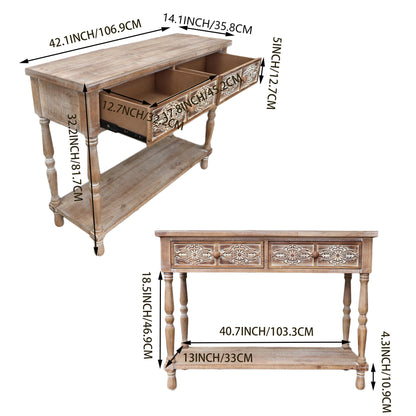 PARISLOFT Vintage Wood End Table with 2 Drawers and 1 Bottom Shelf,Rustic Console Table Storage, Accent Entryway Table Furniture,Antique Brown,42”Wx32”H