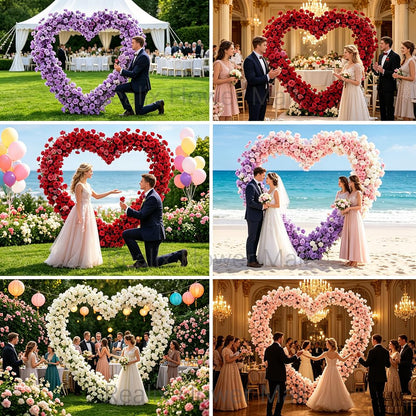 Heart Arch Stand for Proposal, Artificial Flower Heart-Shaped Arch Backdrop for Proposal, Wedding, Party Decor Decoration, Indoor & Outdoor Use with Roses (Purple+White)