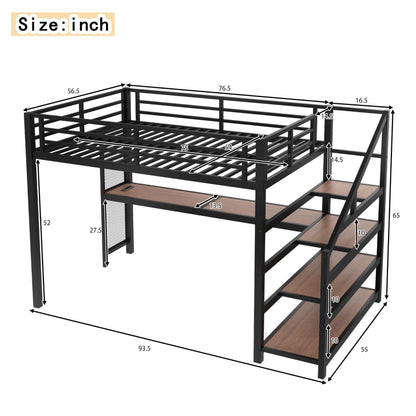 Full Size Loft Bed with Desk and Storage Stairs, Metal Loft Bed Frame with LED Lights, Charging Station, and Multi-function Iron Nets, Loftbed for Kids, Teens, Adults, Noise-free, Black and Wood