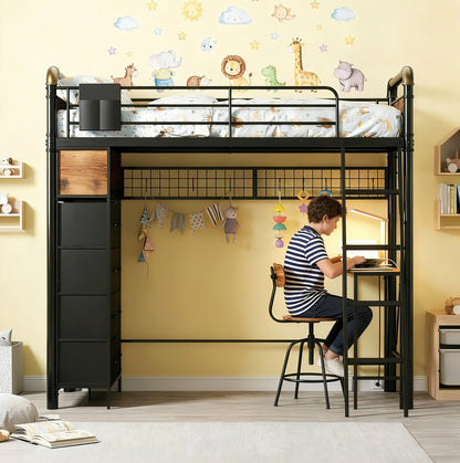 Mixcous Twin Loft Bed with Desk and Storage, 8 Drawers Metal Gaming Loft Bed Frame with USB Charging Station & Pegboard, No Box Spring Needed for Teens Adults, Black