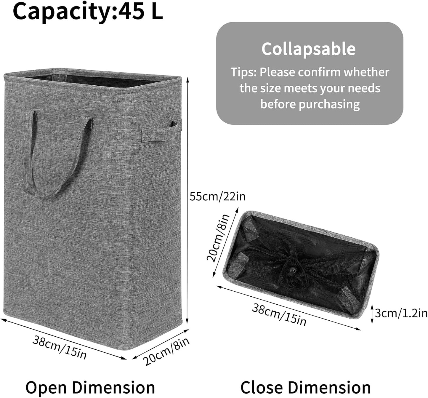 Chrislley 45L Slim Laundry Hamper, Narrow Laundry Basket with Handle, Foldable Dirty Clothes Portable Skinny Hamper