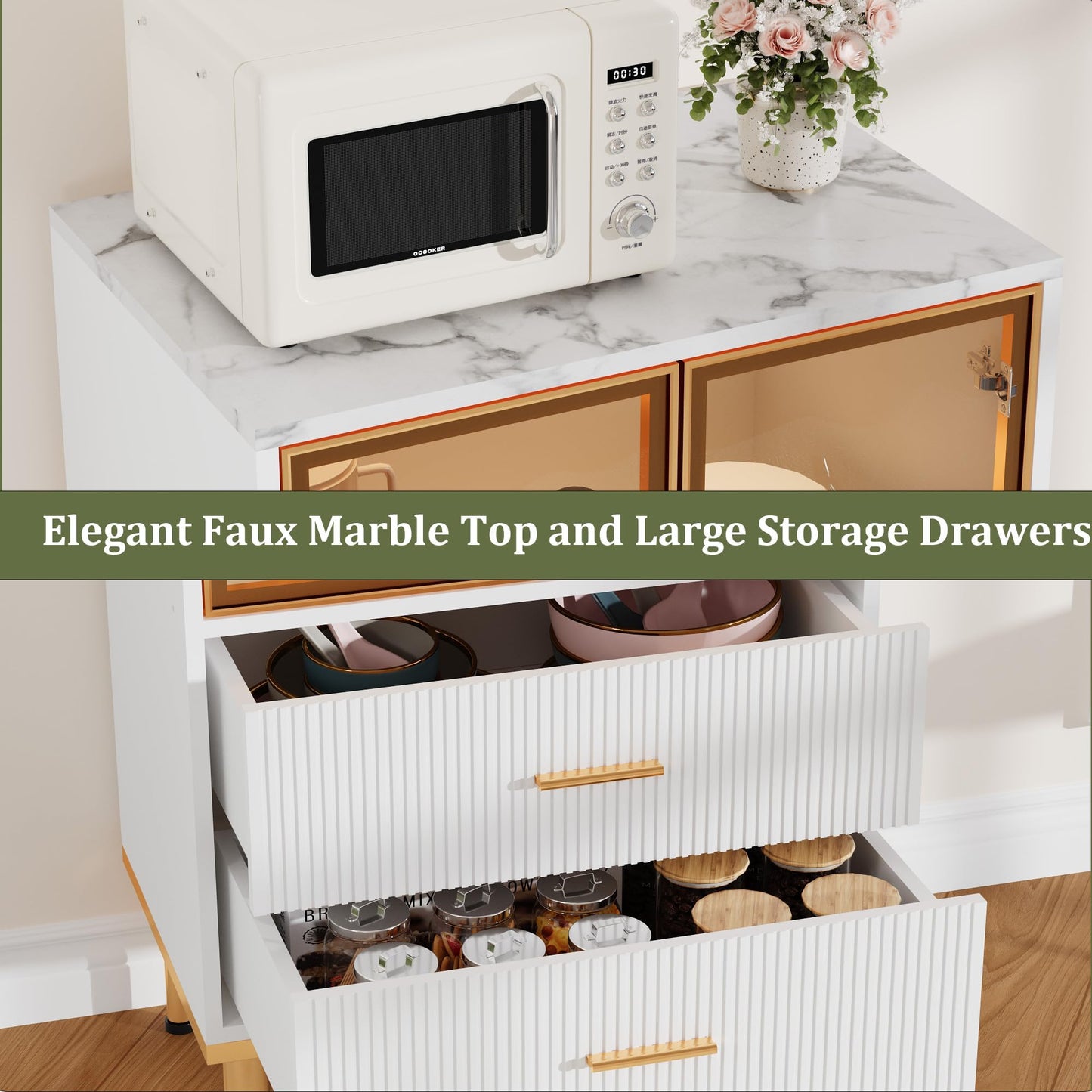 Fluted Glass Door Storage Cabinet - Modern White Display Cabinet with Adjustable Shelves & 2 Drawers for Kitchen Pantry or Living Room Organization(White)