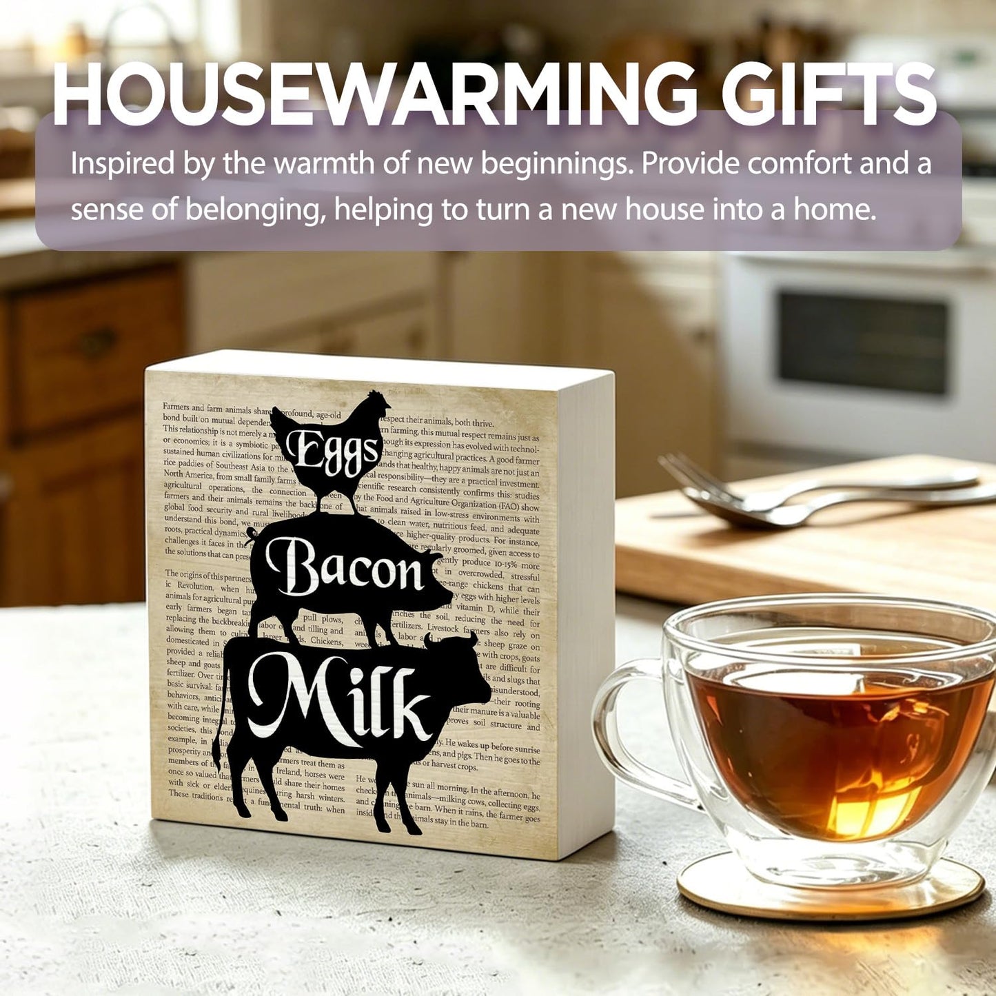 Farmhouse Eggs Bacon Milk Wood Box Sign Desk Decor, 5x5 Inch Rustic Farm Animal Wooden Sign for Kitchen Dining Room Home Shelf Decor, Farmhouse Gifts for Women Farmer Cooking Lovers