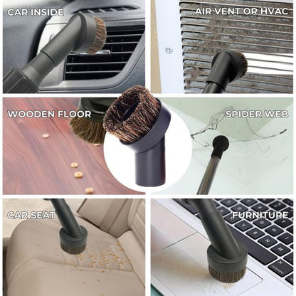 Household Vacuum Cleaner Attachments & Adapter Kit Compatible Small Shop Vacs Hose 1-1/4'' - Horsehair Dust Brush, Flexible Crevice Tool for Cleaning Dryer & Vent, Car Seat Corner