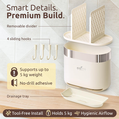 COZYTO LuxTray U1-Pro Wall Mounted Utensil Holder – Kitchen Organizer with Hooks, Dividers & Drain Tray, No-Drill Adhesive Wall Mount Storage, BPA-Free (Cream White & Shiny Silver)